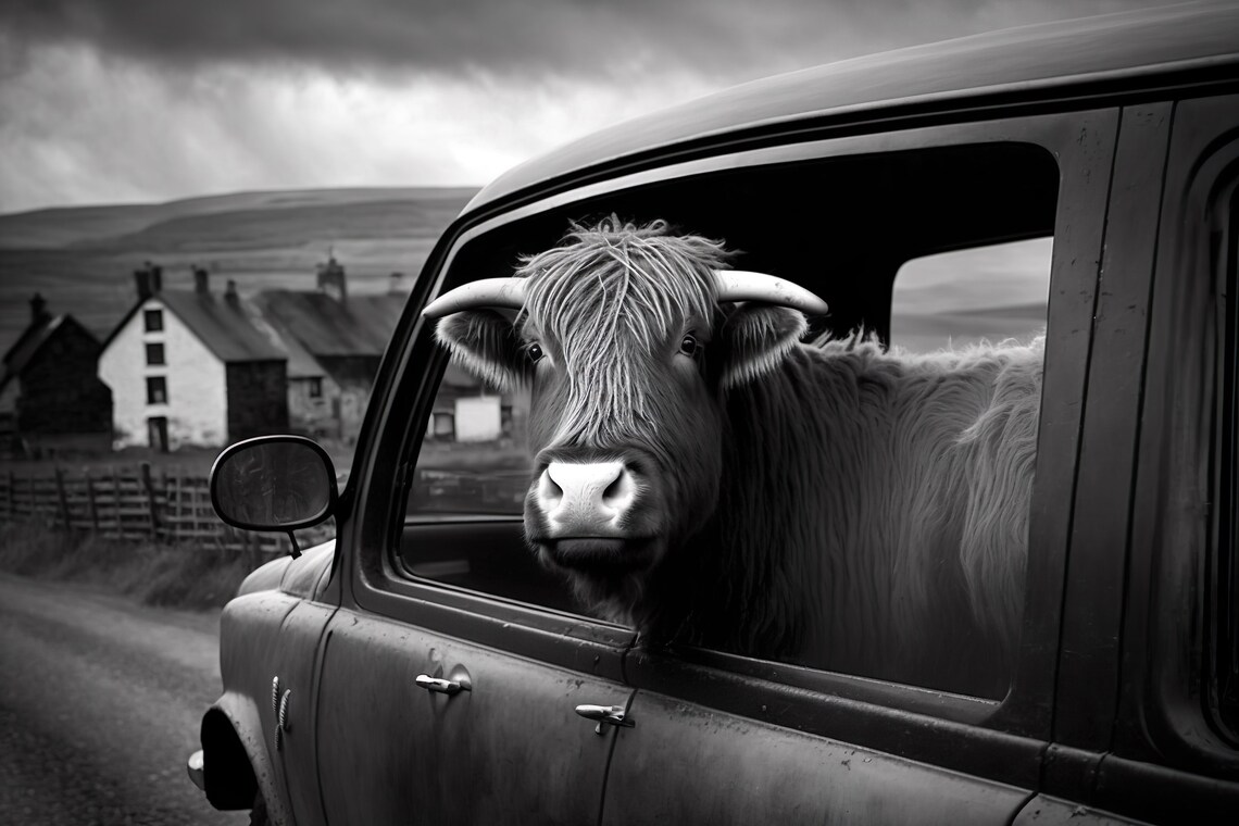 Highland Cow In Car Window Countryside Road Black And White Art Poster