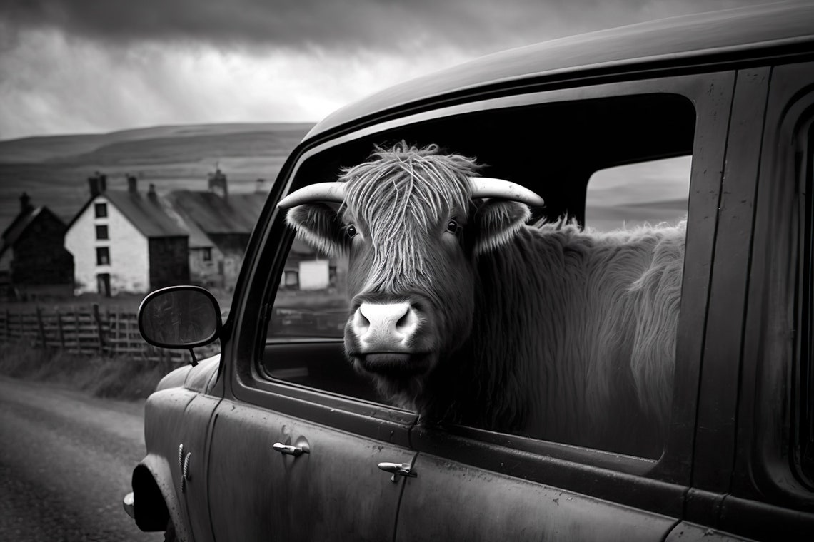 Highland Cow Riding In A Car In New York City Cow Comes To Town Funny Animal Vintage Photo Retro Cow Print Wall Art Ai Art