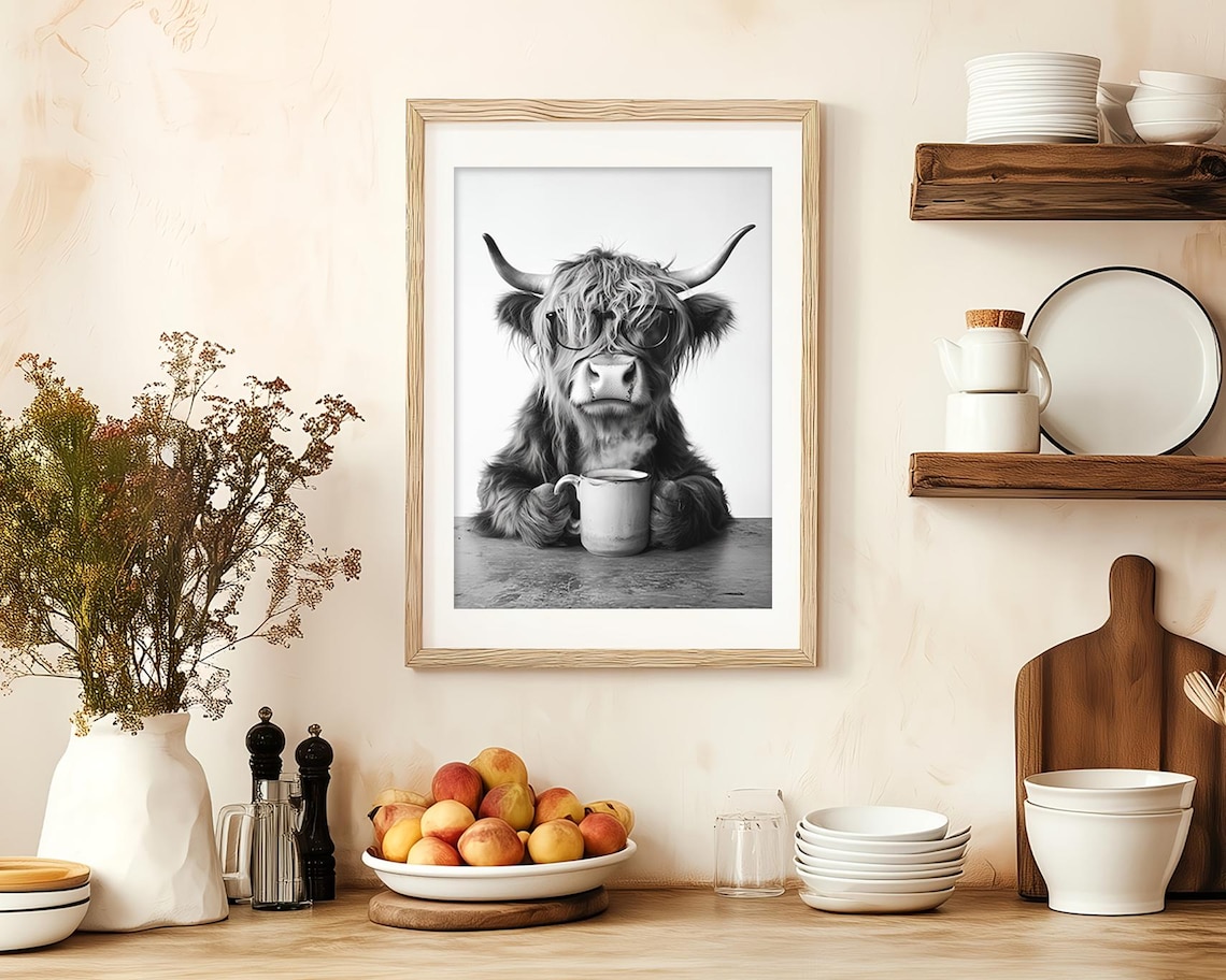 Highland Cow Drinking Coffee, Vintage Style Art Print - Image 2