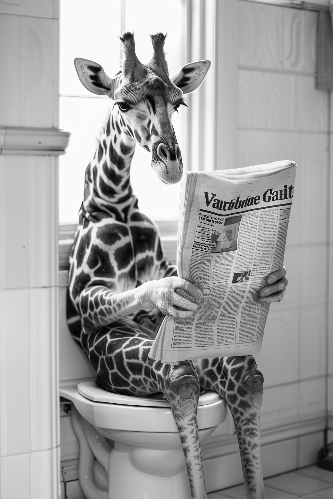 Giraffe on the Toilet Reading Newspaper, Vintage Animal Art