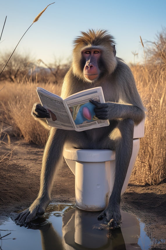 Mandrill Monkey Sitting On The Toilet Reading A Newspaper Funny Bathroom Wall Art Funny Monkey Print Animal Photos Ai Art