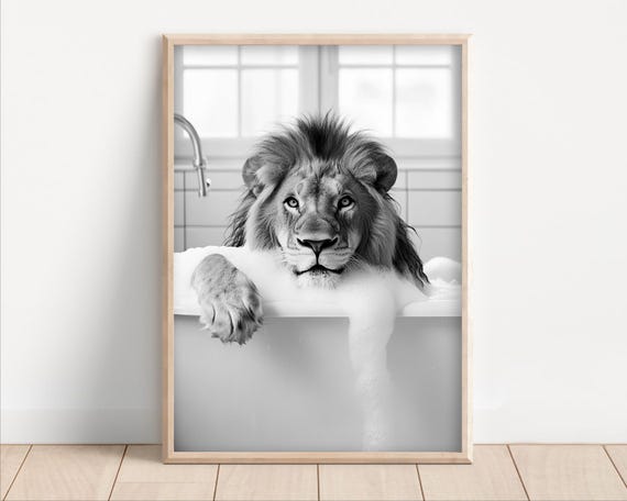 Lion In The Bathtub Funny Bathroom Wall Art Cute Lion Taking A Bubble Bath Vintage Style Retro Animal Photo Print Ai Art