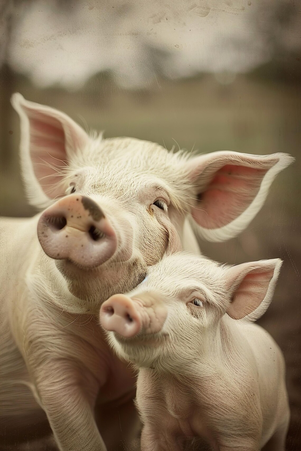 Pig Mother and Piglet Playful Farm Photo Color Poster for Nursery Decor