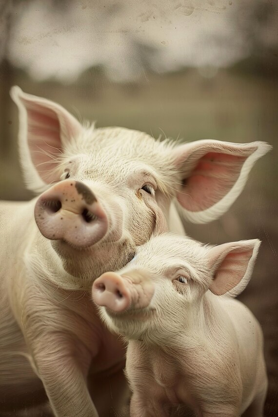 Pig Mother and Piglet Playful Farm Photo Color Poster for Nursery Decor