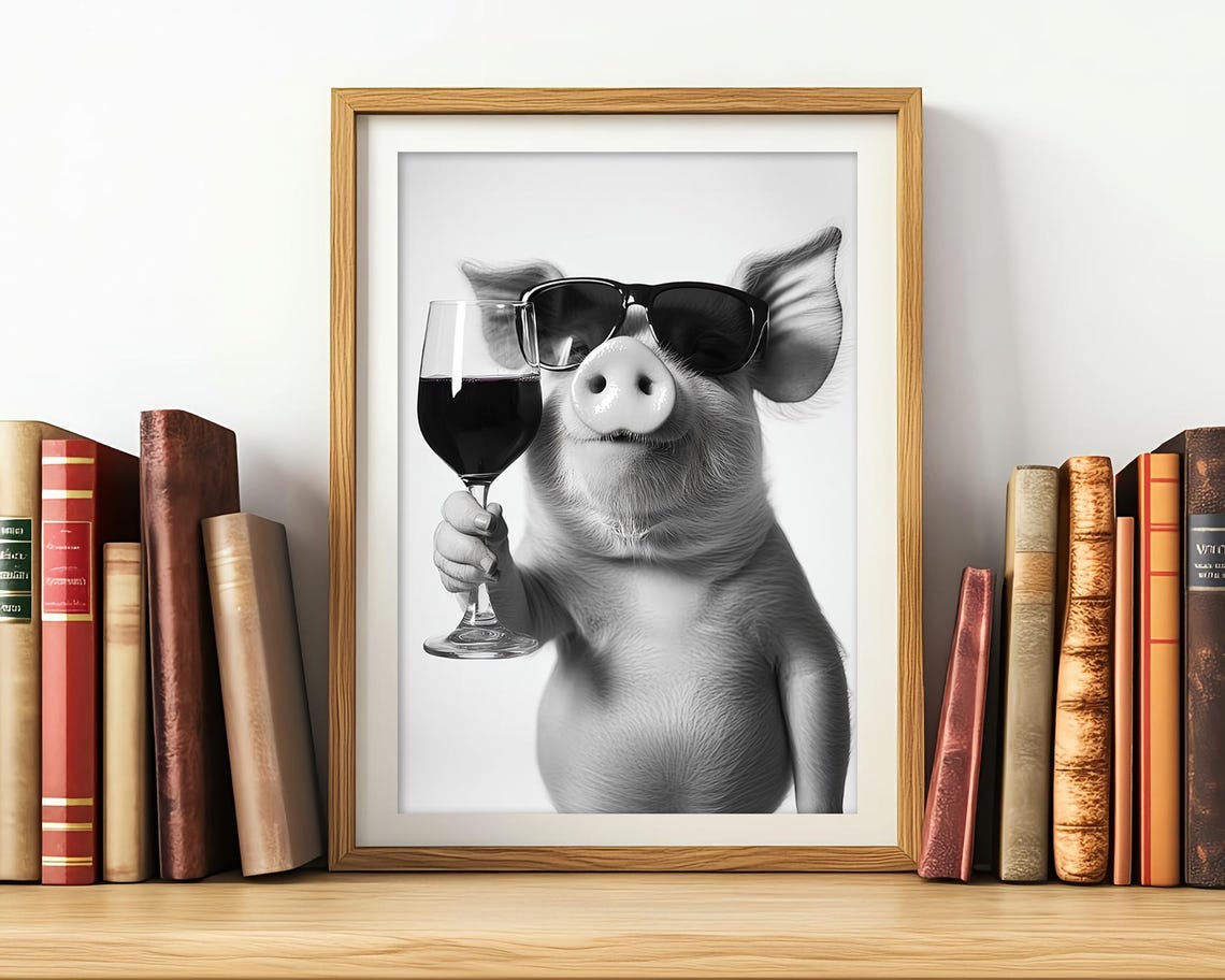 Pig With Sunglasses Holding Red Wine Glass Funny Kitchen Poster - Image 3