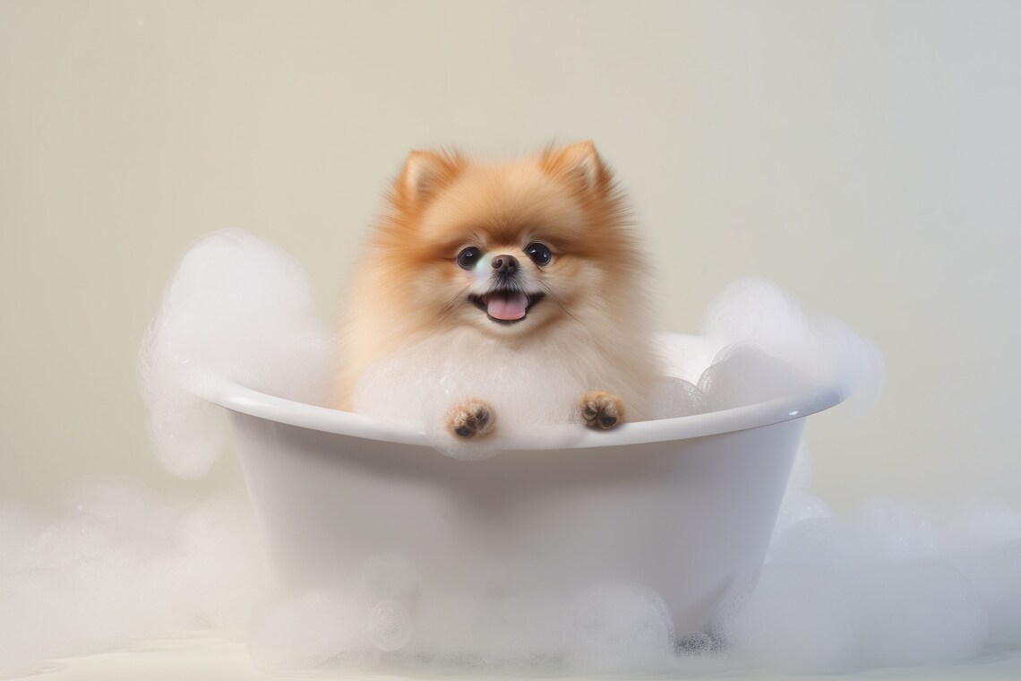 Pomeranian Pup In The Bathtub Funny Bathroom Art Print