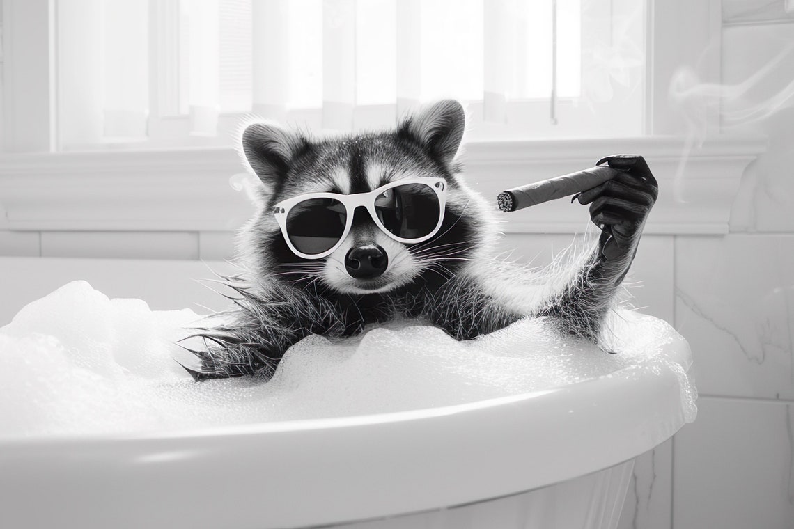 Cool Raccoon Bubble Bath Sunglasses Cigar Black White Funny Poster