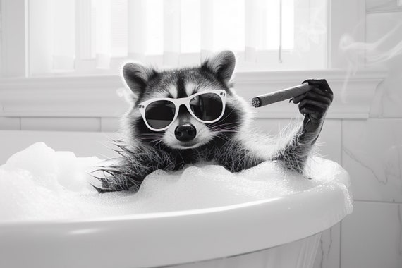 Cool Raccoon In Bathtub Smoking A Cigar Funny Bathroom Wall Art Vintage Style Animal Photography Raccoon Taking A Bath Ai Art