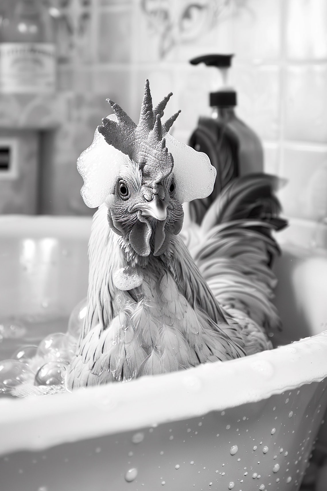 Rooster Bubble Bath Funny Chicken Black And White Animal Poster