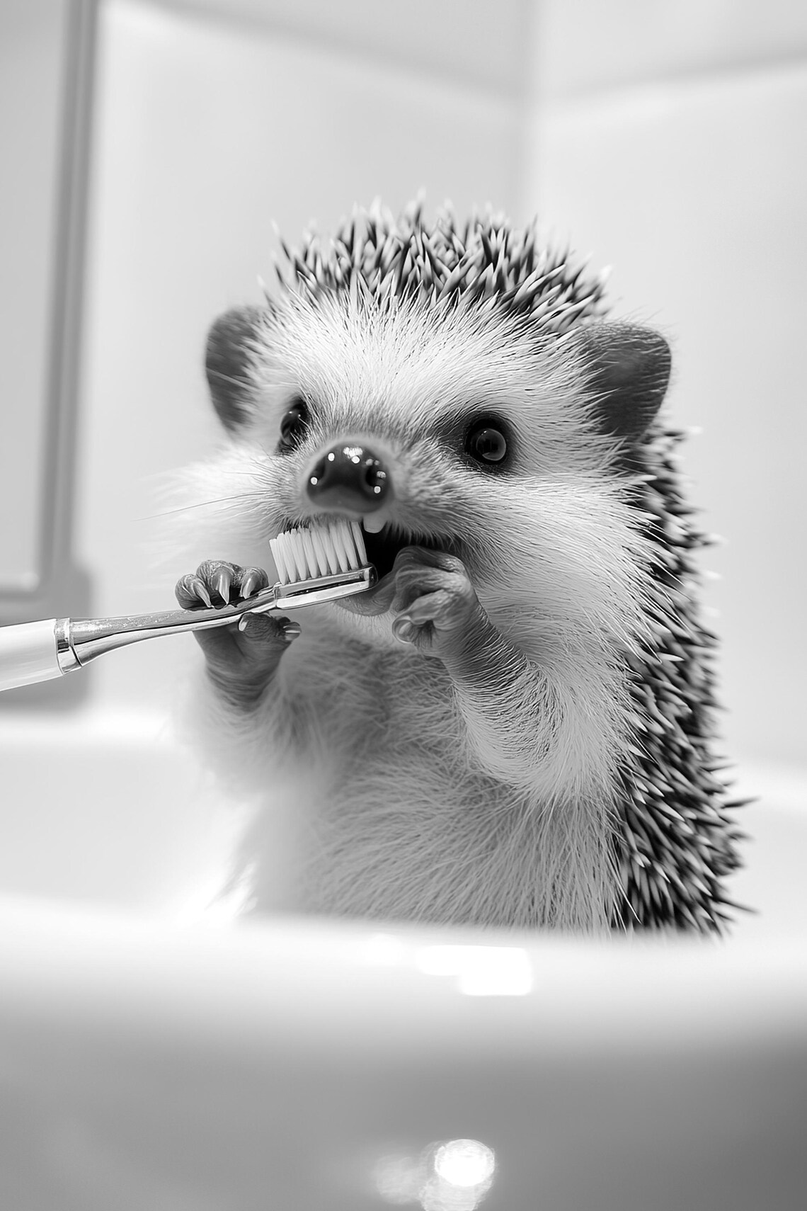 Hedgehog Brushing Teeth Black And White Bathroom Humor Animal Poster