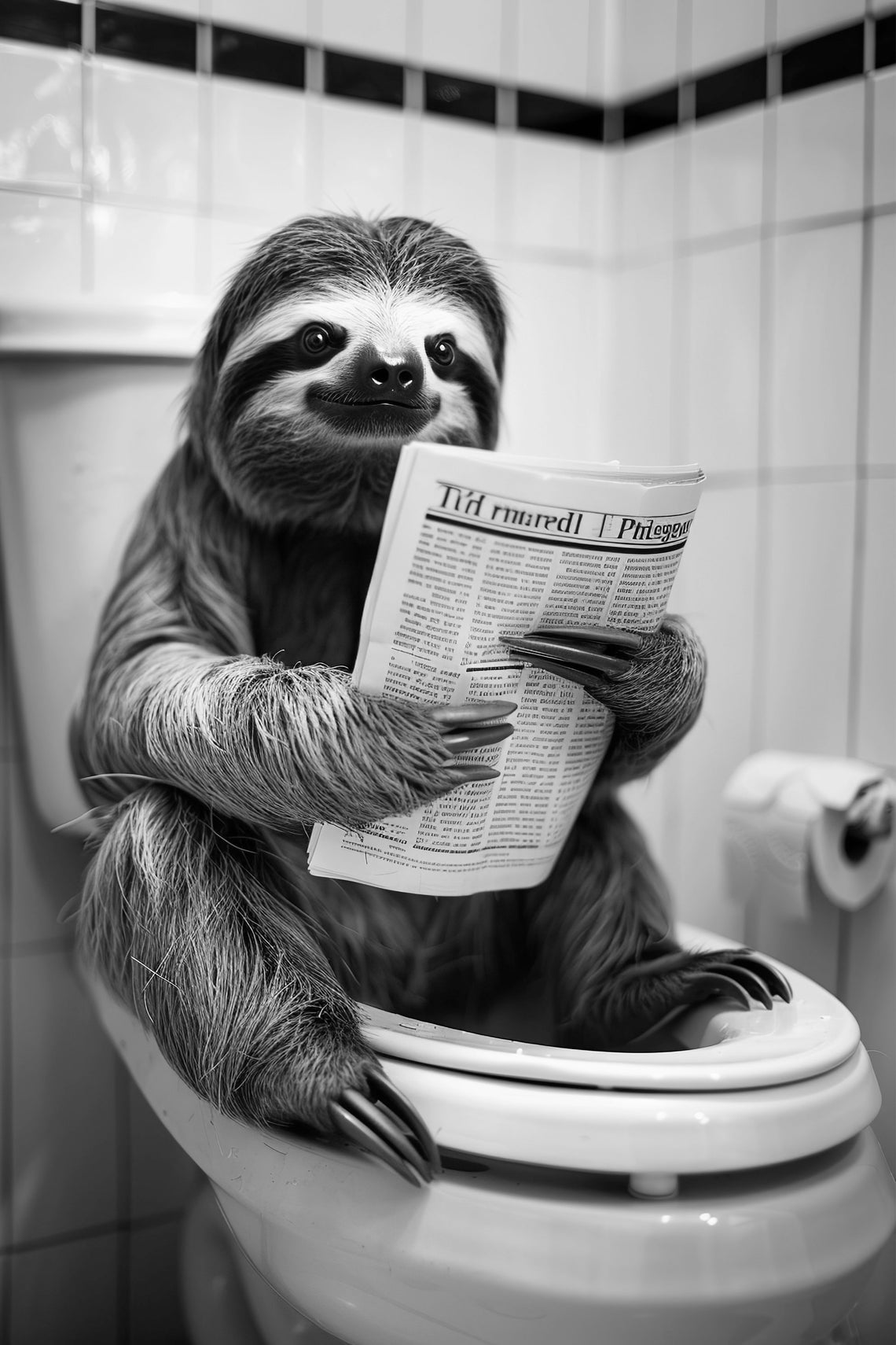 Sloth Reading Newspaper on Toilet Black White Bathroom Poster