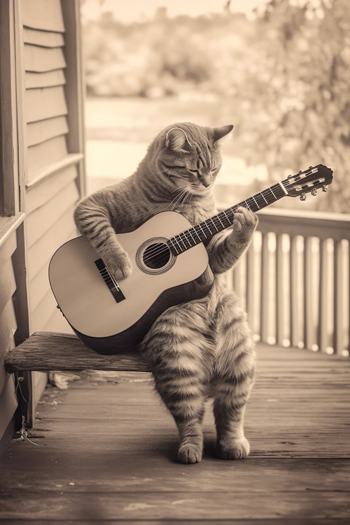 Cat Playing Guitar Vintage Sepia Tabby Porch Musician Poster