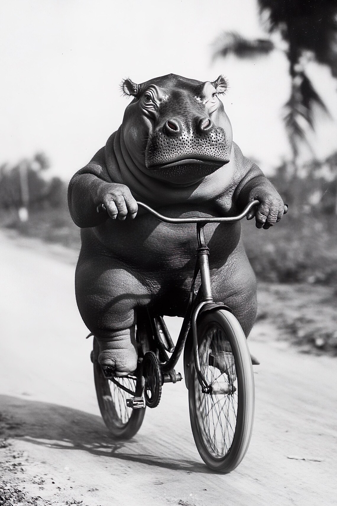 Hippo Riding a Bike Funny Vintage Style Art Print