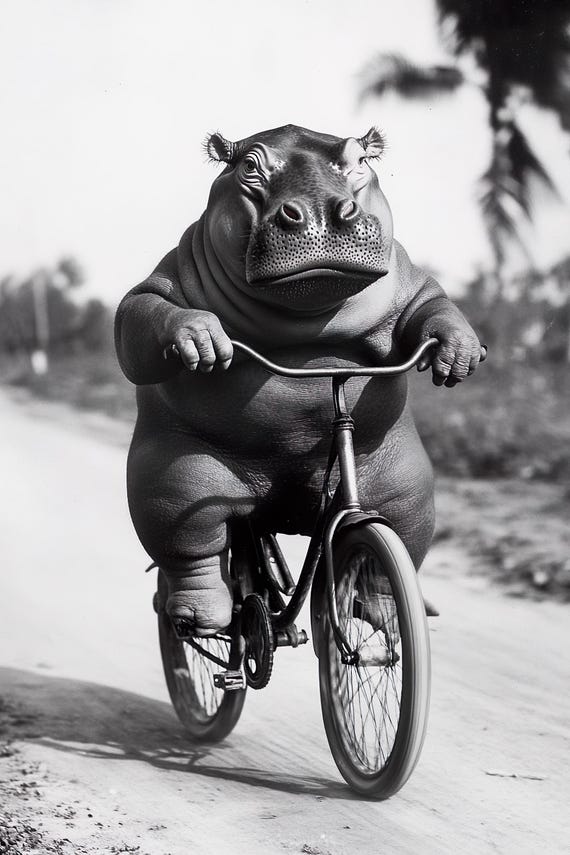 Hippo Riding a Bike Funny Vintage Style Art Print
