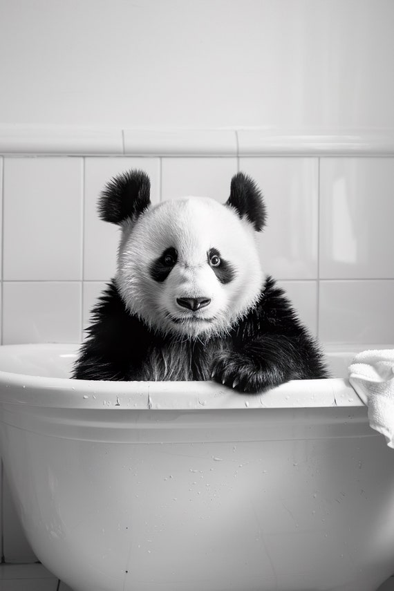 Panda In The Bathtub Funny Animal Photograph Panda Bear Taking A Bubble Bath Ai Animal Print Funny Bathroom Wall Art Home