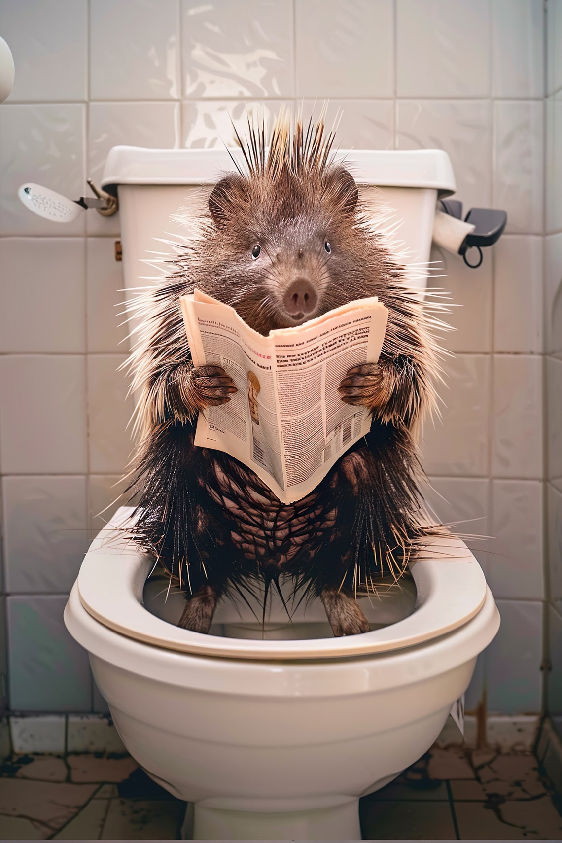 Funny Porcupine Reading Newspaper on Toilet Humorous Bathroom Poster