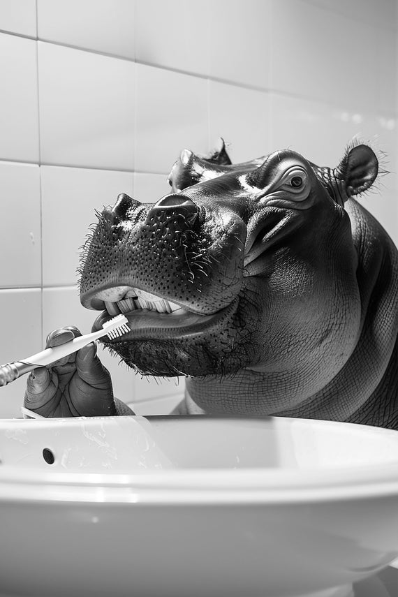 Funny Bathroom Wall Art Hippo Brushing Teeth Bathroom Art Vintage Style Animal Photo Funny Hippopotamus Humor Print Ai Art