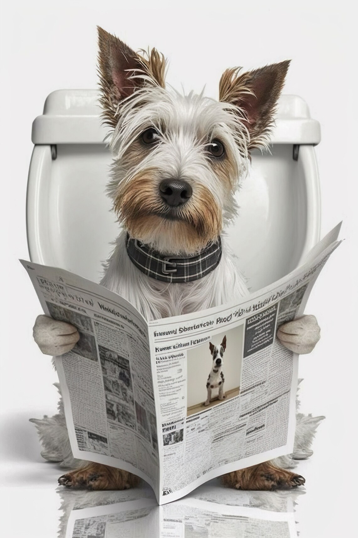 Scruffy Terrier Dog Reading Newspaper on Toilet Funny Poster