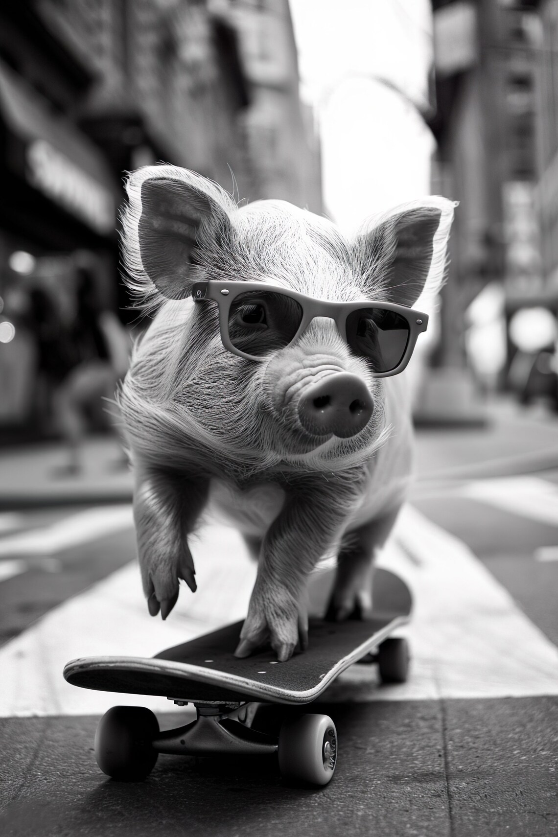 Funny Baby Pig Sunglasses Skateboard Black And White Photo Print