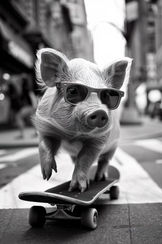 Pig Skateboarding Funny Animal Wall Art Pig On Skateboard Funny Pig Photo Print Funny Animal Photography Home Ai Created