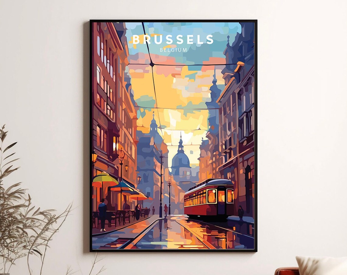 Brussels Belgium Old Street Tram Sunset City Travel Art Poster