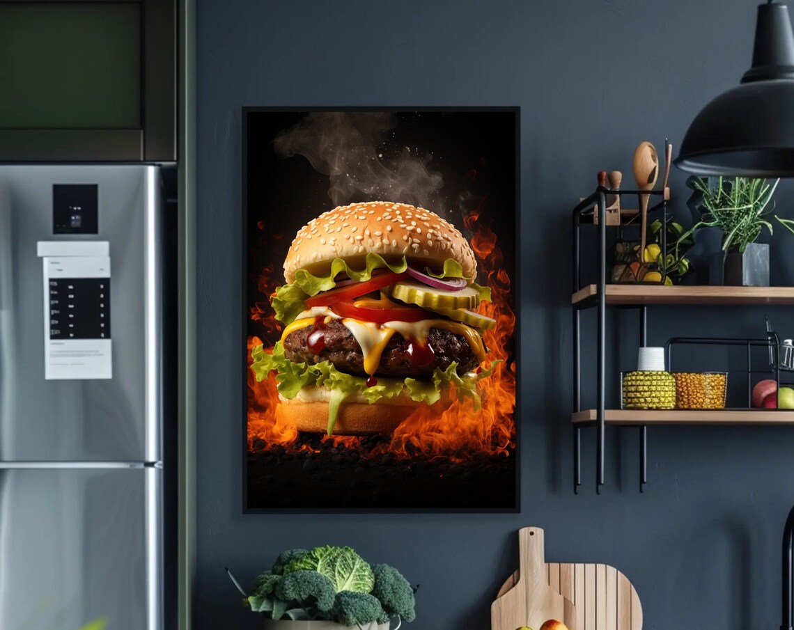 Gourmet Cheeseburger with Flames Juicy Food Photography Kitchen Poster