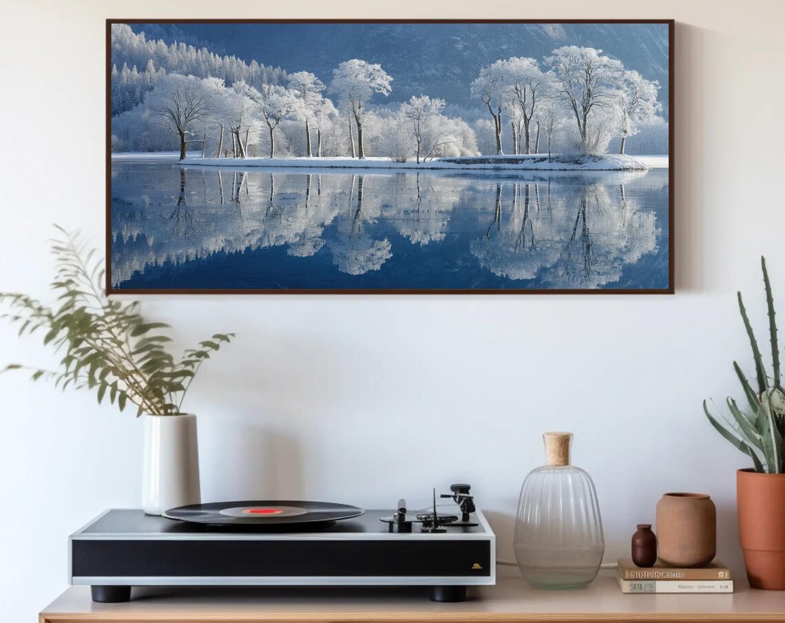 Snow Covered Trees Mirrored In A Still Winter Lake Landscape Poster