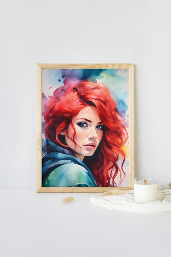 Red Haired Woman Watercolor Portrait Vibrant Feminine Beauty Poster