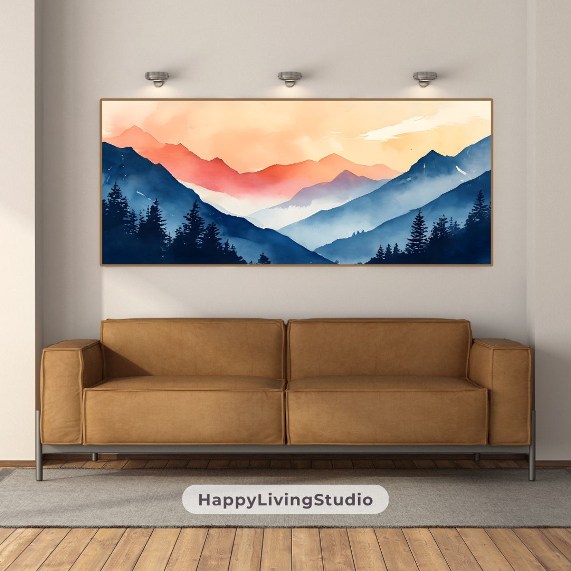 Sunrise Mountain Peaks Watercolor Orange Glow Blue Valley Poster - Image 2