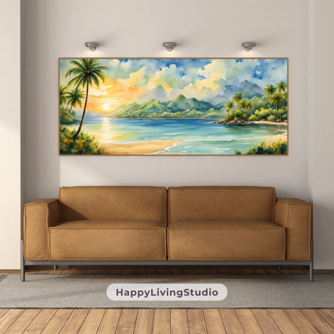 Tropical Beach Bay Watercolor Palm Trees Golden Sunset Shore Poster - Image 4