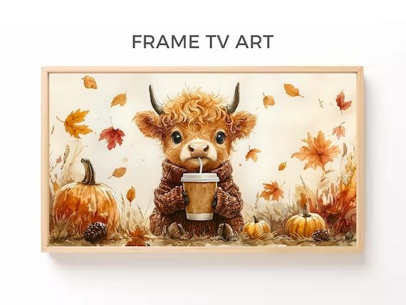 Cute Baby Highland Cow Sweater Coffee Fall Watercolor Wall Art Print Poster
