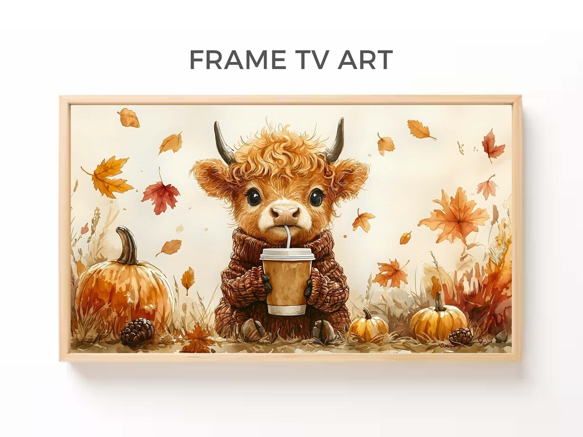 Cute Baby Highland Cow Sweater Coffee Fall Watercolor Wall Art Print Poster