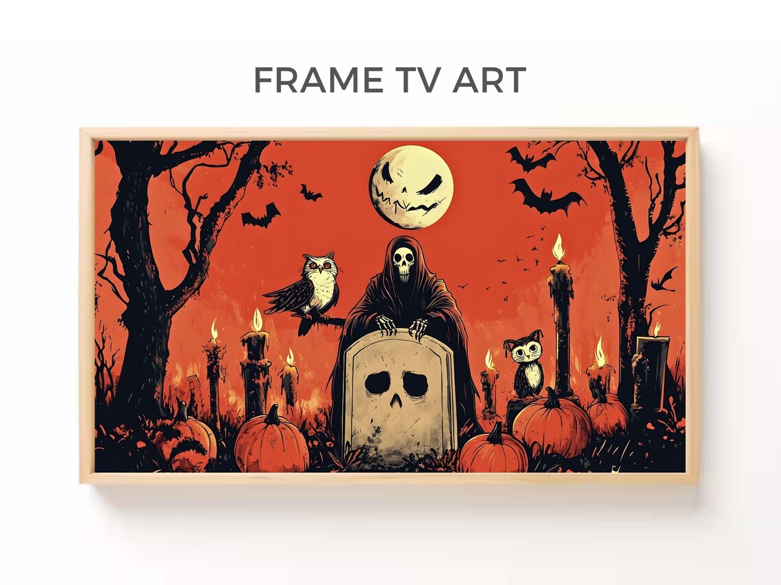 Spooky Skeleton On Graveyard, Halloween Art Print