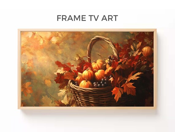 Thanksgiving Harvest Basket Pumpkins Autumn Leaves Rustic TV Art Poster