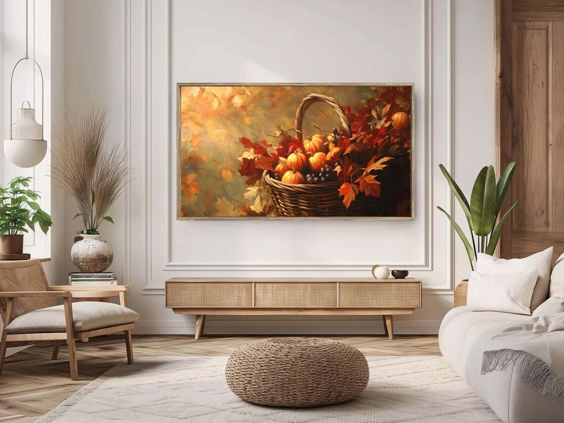 Thanksgiving Harvest Basket Pumpkins Autumn Leaves Rustic TV Art Poster - Image 2