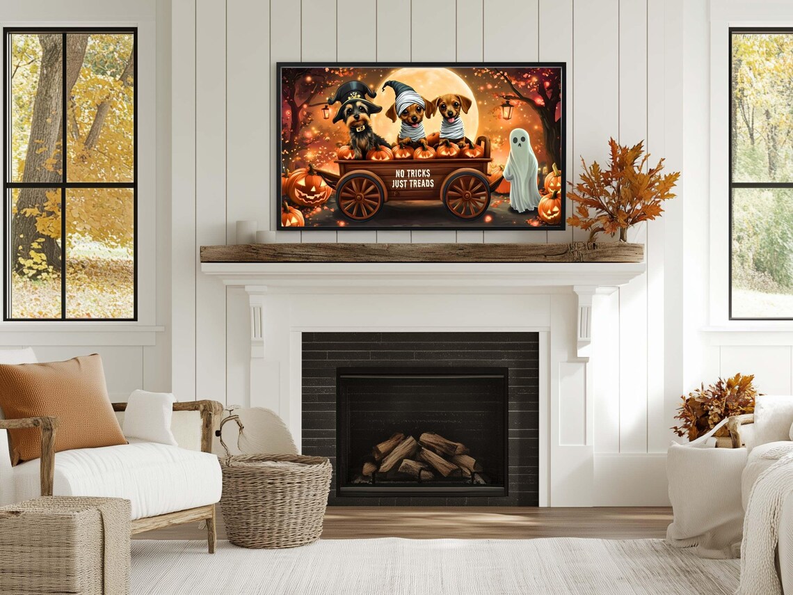 Halloween Dogs Costumes Pumpkin Wagon No Tricks Just Treads Wall Poster - Image 2