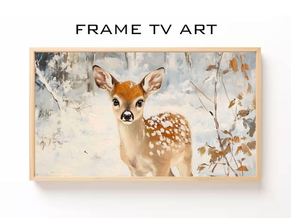 Baby Deer Winter Art Frame Tv Snowy Landscape Neutral Christmas Cute Animal Holiday Decor Frame Tv Art