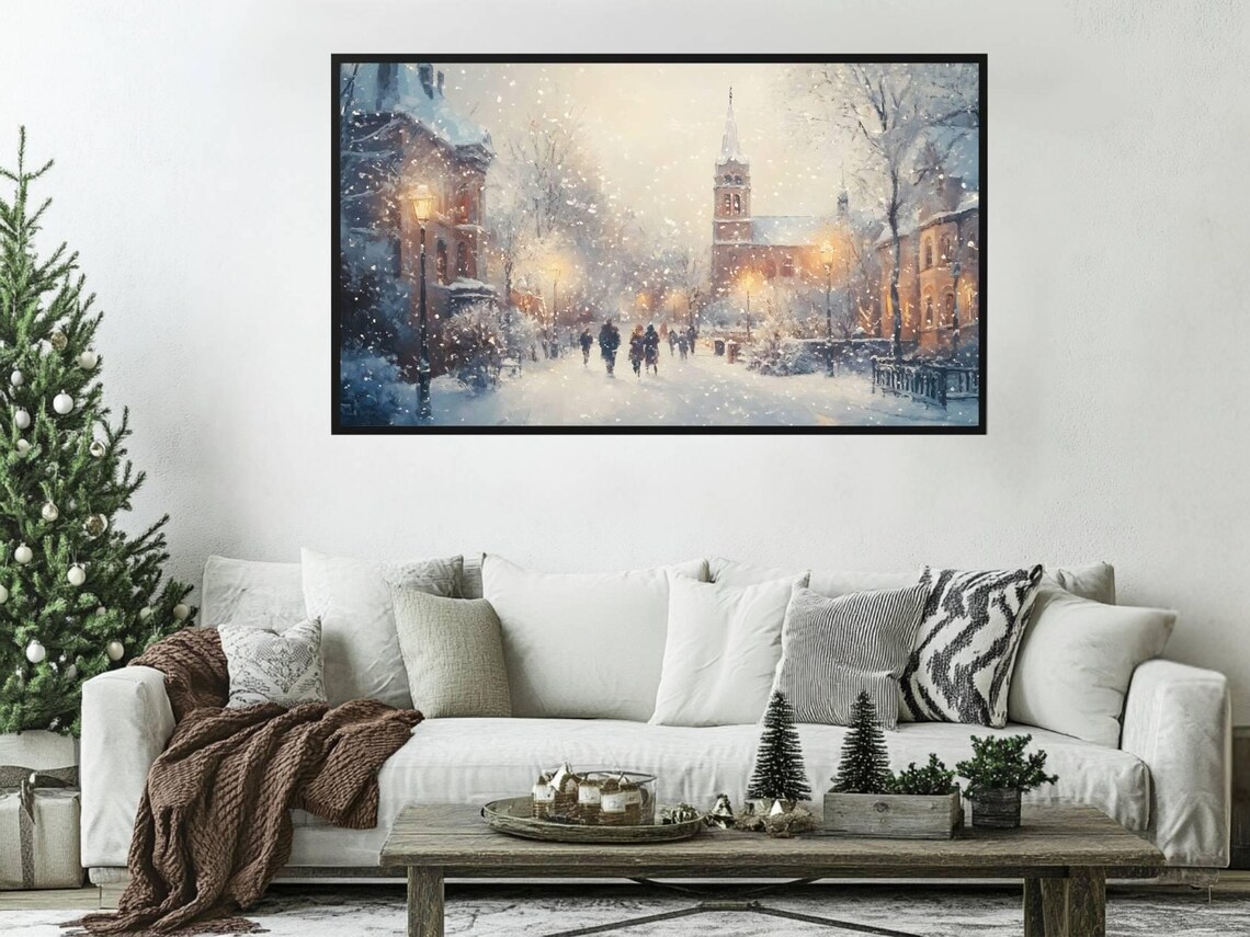 Snowy Winter Village Church Street Falling Snow Holiday Frame TV Poster - Image 4