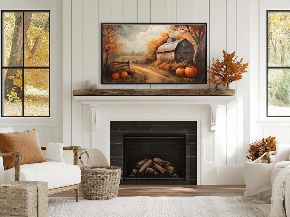 Vintage Autumn Barn Farm Oil Painting Pumpkins Moody Fall Trees Poster Print - Image 3
