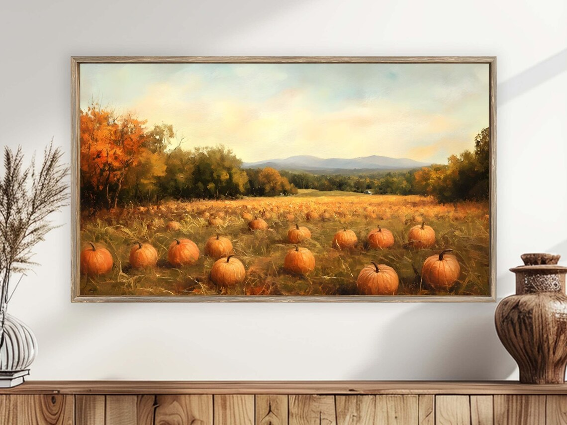 Golden Pumpkin Patch Harvest Field Autumn Trees Landscape Painting Poster - Image 4