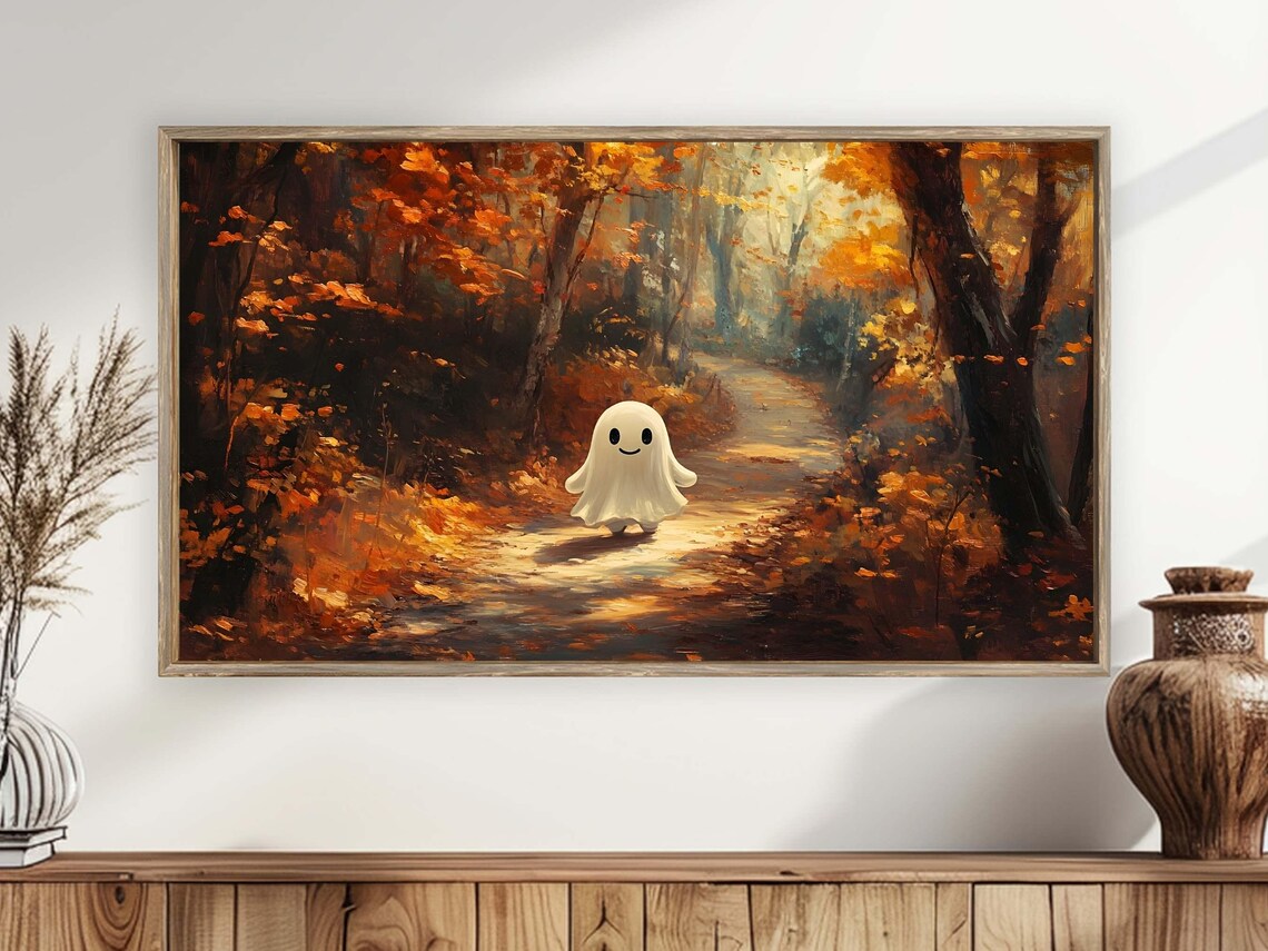 Cute Smiling Ghost Walking Autumn Forest Path Golden Leaves Halloween Poster - Image 4
