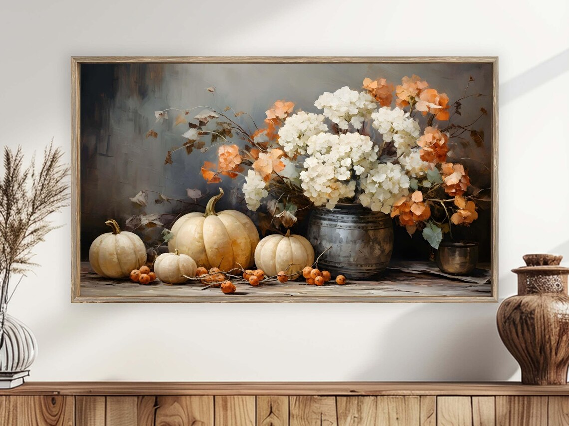 White Pumpkins Hydrangeas Still Life Rustic Vintage Oil Painting Wall Poster - Image 4