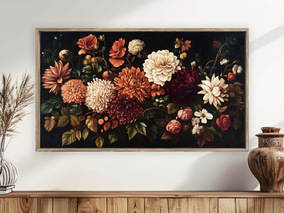 Moody Dark Floral Oil Painting Autumn Chrysanthemums Wall Art Poster Print - Image 4