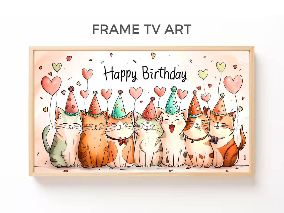 Happy Birthday Cats Party Hats Heart Balloons Cute Watercolor Wall Art Poster
