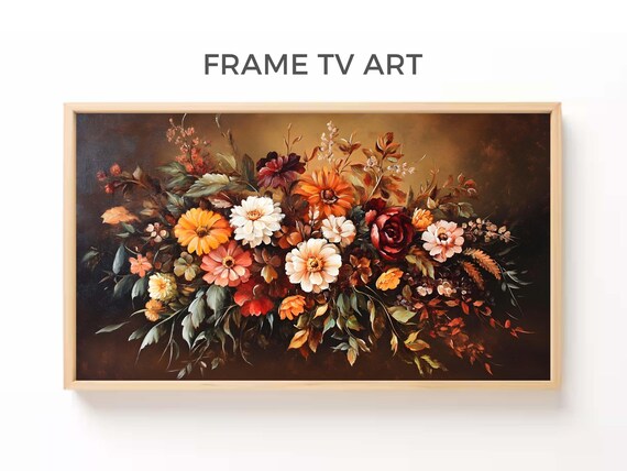 Thanksgiving Floral Frame Tv Art Rustic Dark Moody Flower Painting Frame Tv Vintage Fall Decor For Thanksgiving