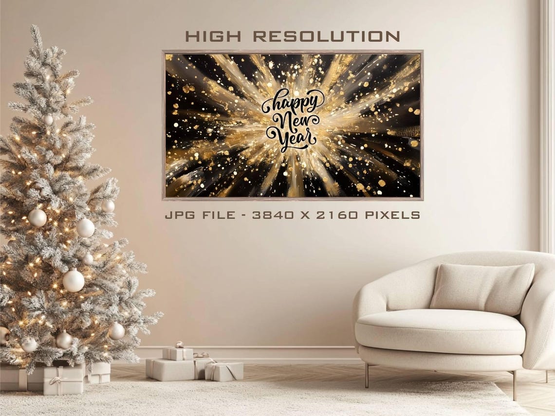 Black And Gold Fireworks Happy New Year Night Sky Frame TV Art Poster - Image 2