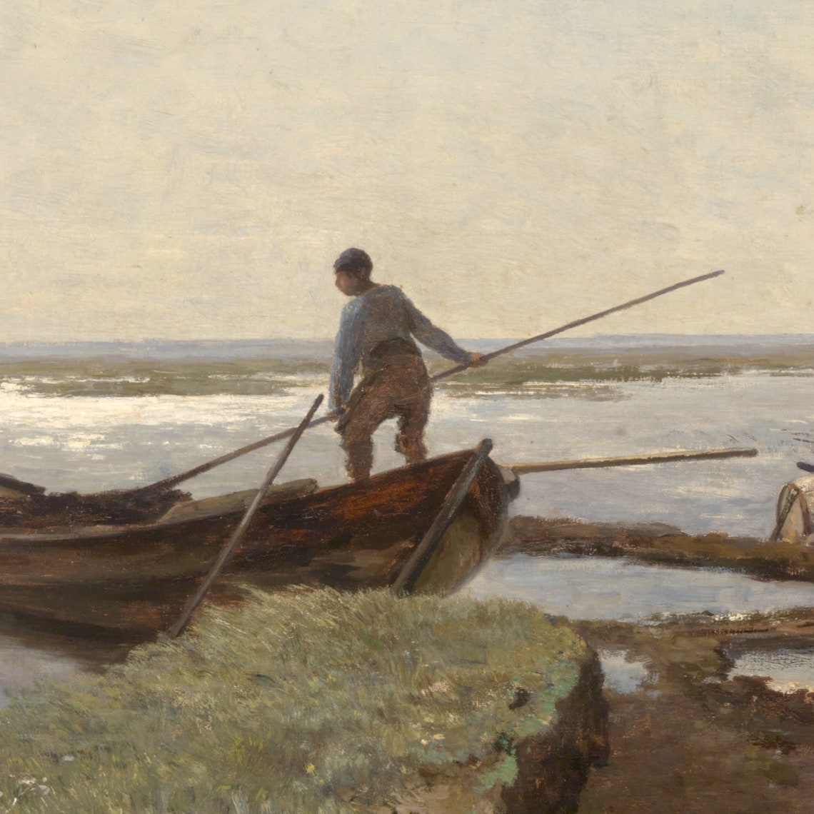 Fisherman Pushing Rowboat Calm Lake Vintage Seascape Art Print - Image 3