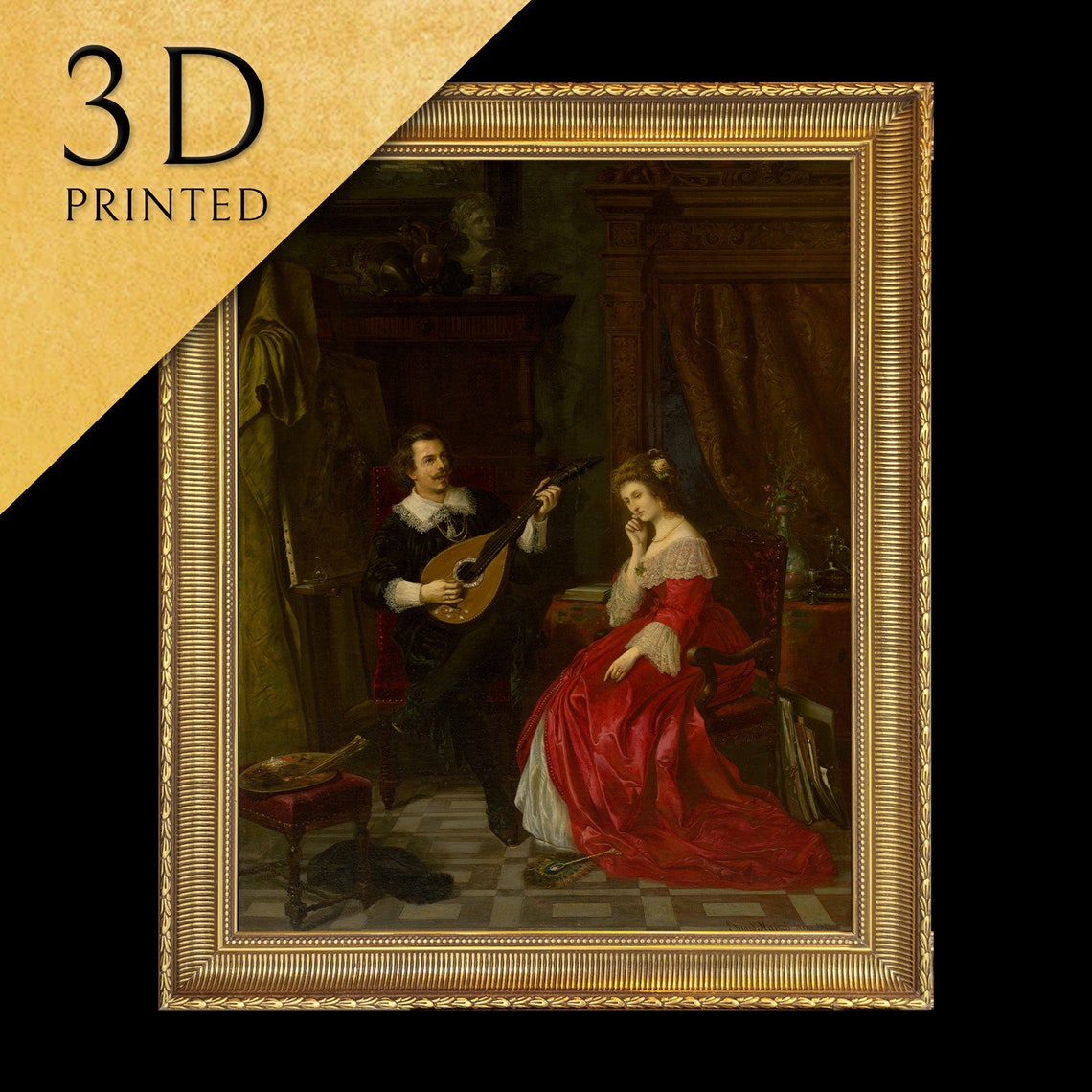 Cavalier Playing the Lute for a Lady in a Red Gown Art Poster
