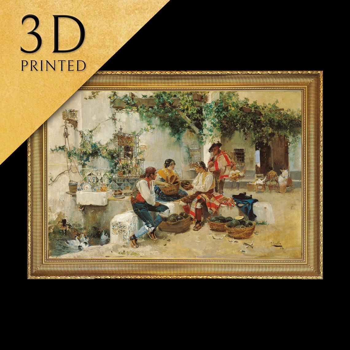 Melon Vendors in a Sunlit Italian Courtyard Genre Painting Poster