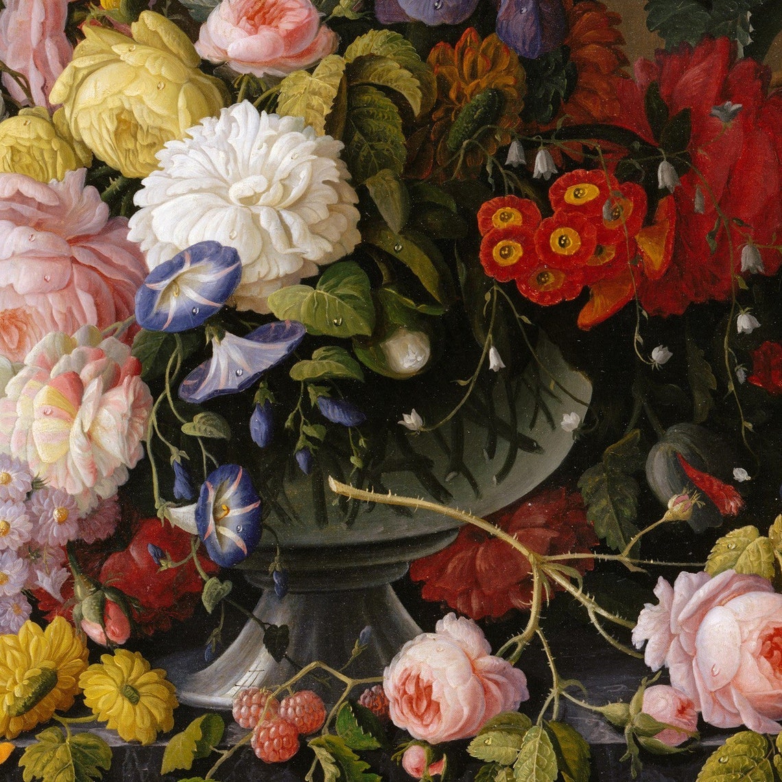 Lush Bouquet of Roses and Mixed Flowers with Fruit Still Life Poster - Image 3
